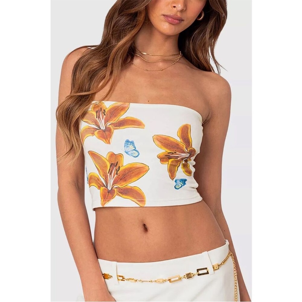 Edikted Tiger Lily Print White Cotton Tube Top Size Small